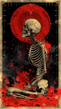 A skeleton kneels in front of a red circle painted on the wall. The visual arts piece combines bone, paint, and textile in a haunting yet captivating piece of art