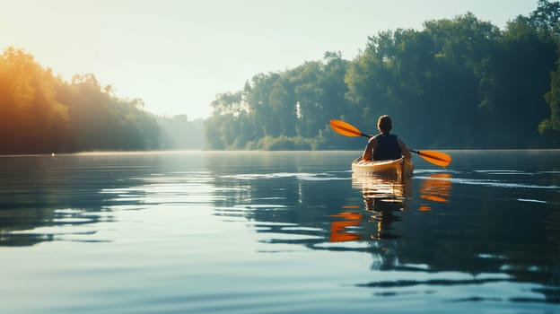 A person calmly kayaks on tranquil waters, basking in the warm light of the setting sun, surrounded by a peaceful natural landscape - Generative AI