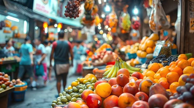 A lively market with vendors and shoppers, featuring stalls piled with fresh, colorful fruits such as oranges, bananas, and grapes - Generative AI