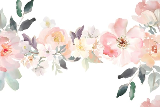 A creative watercolor painting featuring pink flowers and green leaves on a white background, showcasing the delicate petals and twigs of the flowering plants