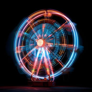 At the event, a mesmerizing Ferris wheel with electric blue visual effect lighting spins in a circle, illuminating the night with a magical glow