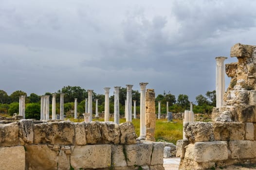 Salamis, Cyprus - April 16, 2024 - Ancient Greek ruins and columns in Salamis, Cyprus