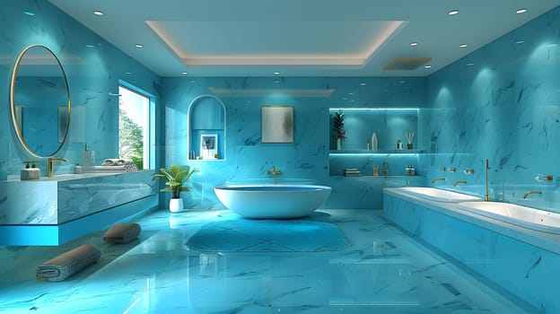 A property with an azure bathroom featuring blue tiles and a bathtub. The house also has a swimming pool for leisure activities