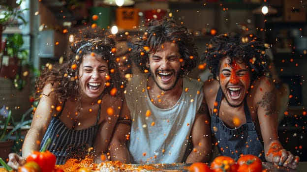 Three people are smiling and laughing while preparing food in a kitchen. The kitchen is filled with various plants and fruits, including oranges and green vegetables. The atmosphere is cheerful AI generated