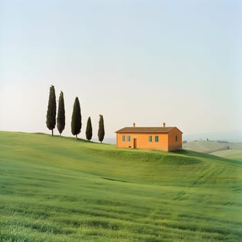 An orange house perched on a grassy hill against the sky. High quality photo