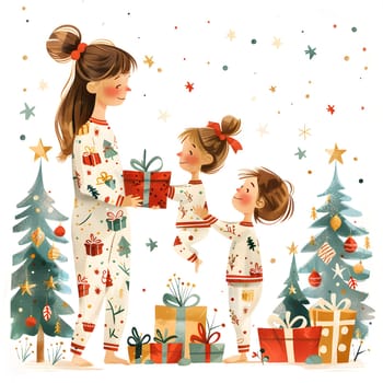 A woman and two children are happily holding Christmas presents in front of a beautifully decorated Christmas tree adorned with holiday ornaments