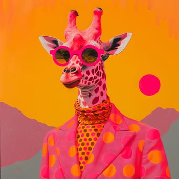 A Giraffidae with a long neck wearing a stylish pink polka dot suit and sunglasses. Its fawncolored snout peeks out from the magenta textile sleeve. A fun and quirky art piece