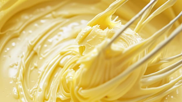 Whisk in bowl with creamy yellow batter, butter or custard, homemade baking and traditional food, country life