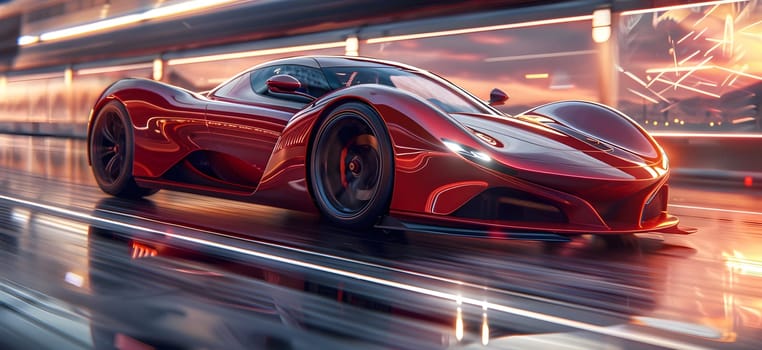 A sleek red sports car with powerful tires is speeding down the wet asphalt road, showcasing its exquisite automotive design and lighting