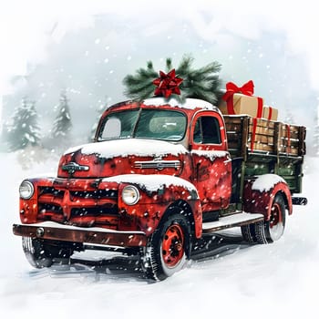 A festive red vehicle, adorned with Christmas decorations, is driving through the snowy landscape, carrying a tree and gifts in the back