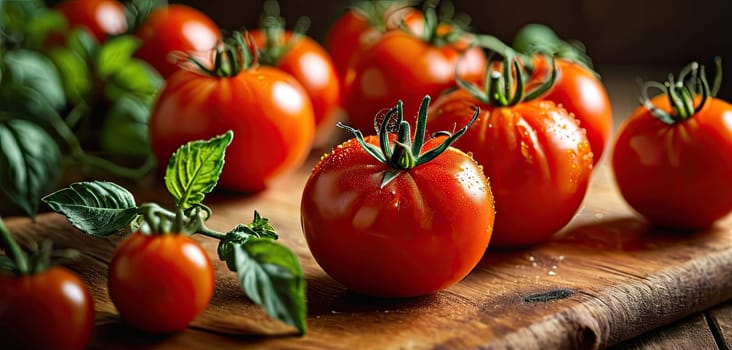 Red tomatoes on rustic wooden table, Water droplets suggest farm-to-table freshness of organic produce.