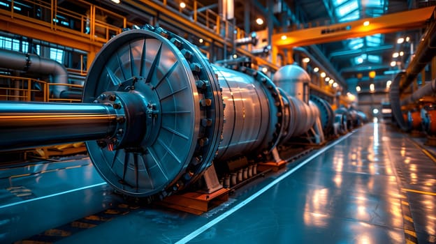 An automotive tire wheel system, with a steel casing pipe and rim, sits in the factory. The engineering marvel showcases automotive design in electric blue