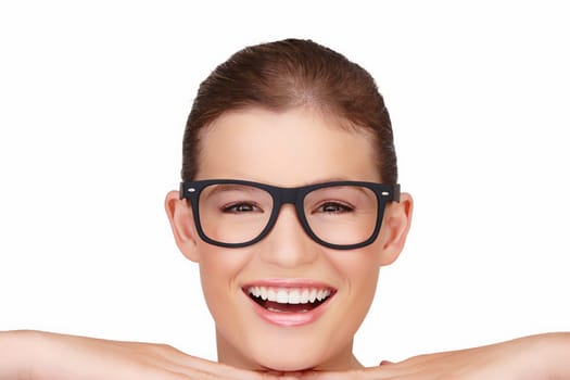 Woman, portrait and eye glasses in studio for vision optometrist on white background, frames or mockup space. Female person, face and happiness with hands or lens prescription, spectacles or sight.