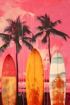 Four surfboards are displayed against a vibrant pink background adorned with palm trees. The scene creates a tropical landscape under a bright blue sky