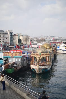 Turkey istanbul 16 july 2023. historical boats that sell fish in Istanbul.