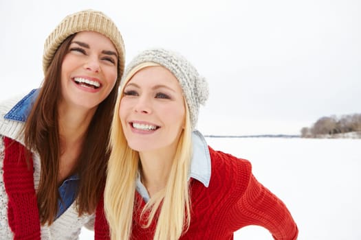 Snow, love and lesbian couple outdoor in winter on romantic vacation, adventure or holiday. Happy, smile and queer women in relationship for fun and bonding in cold weather on weekend trip in Canada.