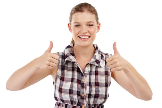 Studio, portrait and girl with thumbs up or smile for support, approval and agreement. Female teenager, happiness and hand gesture or emoji for win, thank you and yes or like by white background.