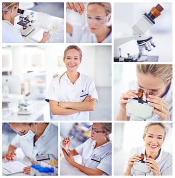 Happy, woman and scientist with microscope in collage for medical research in labratory on digital composite. Female biologist and tech for insight, scientific breakthrough or discovery for medicine.