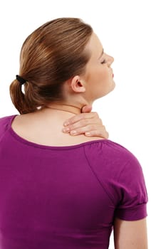 Neck pain, stress and girl in studio with anatomy, emergency and joint inflammation on white background. Shoulder, injury or gen z student with burnout risk, muscle or bone crisis, ache and disaster.