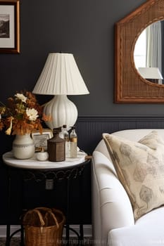 Autumnal home decor and interior design, furniture and interior decoration accessories, soft furnishings, upholstery and textiles in English country house and elegant cottage style, post-processed, generative ai