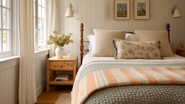 Farmhouse bedroom decor, interior design and home decor, bed with country bedding and furniture, English countryside house, holiday rental and cottage style inspiration