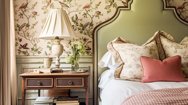Charming bedroom decor, interior design and home decor, bed with elegant bedding and bespoke furniture, English country house, holiday rental and cottage style interiors