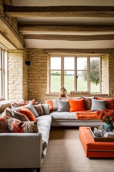 Modern cottage sitting room, living room interior design and country house home decor, sofa and lounge furniture, English Cotswolds countryside style interiors