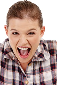 Studio, surprise and girl in portrait with face, shock or mind blown with gossip news. Scream, female model and excited reaction for announcement, promotion or competition prize on white background.