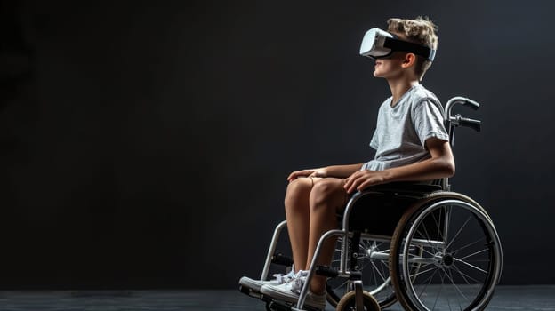 A disabled boy in wheelchair wearing VR glasses on dark background.