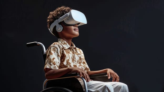 A disabled boy in wheelchair wearing VR glasses on dark background.
