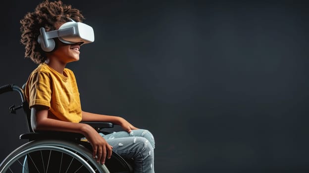 A disabled boy in wheelchair wearing VR glasses on dark background.