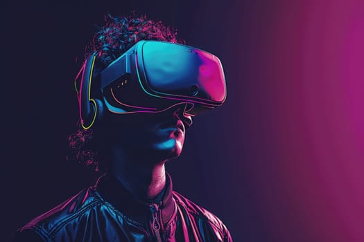 A man wearing a VR headset is standing in front of a vibrant colors background.