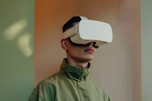A man wearing a green jacket and a white virtual reality headset.