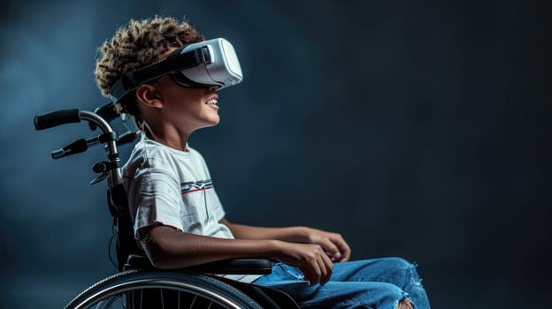 A boy in a wheelchair is wearing a virtual reality headset on dark background.