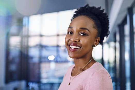 Business, portrait and happy black woman in lobby with confidence, smile and positive attitude. Pride, face or African intern at consulting agency for learning, opportunity or future career growth.