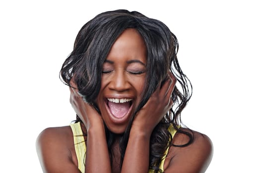 Woman, shouting and studio with closed eyes, screaming and face expression and isolated on white background. Mockup space, loud and singing black female person, hands on ear for pitch or sound.