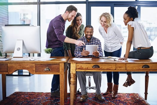 Teamwork, discussion and business people on tablet in office for planning, digital collaboration and meeting. Diversity, creative startup and men and women online for research, website and project.