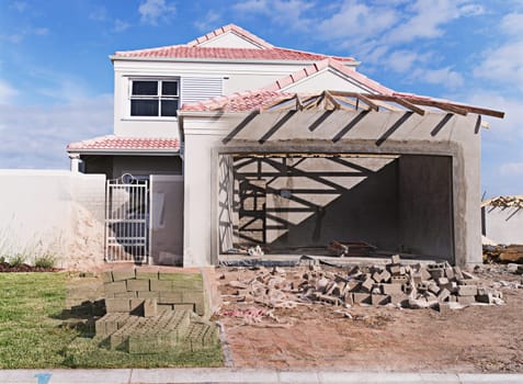 Construction, concrete and cement for project in community with architecture, property management and real estate. Foundation, walls and material in Australia for building with bricks, wood and metal.