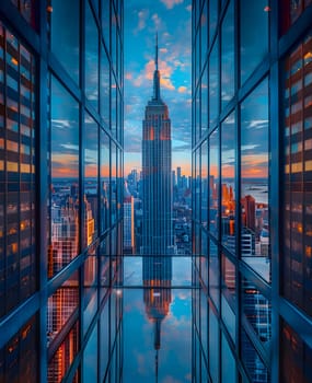 The Empire State Building is beautifully reflected in the azure windows of a tower block against the orange dusk sky, creating a stunning display of urban design