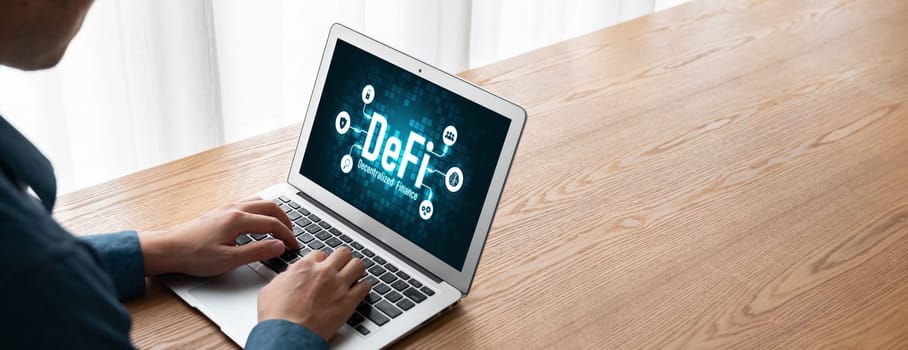 Decentralized finance or DeFi concept on modish computer screen . The defi system give new choice of investment and money saving .