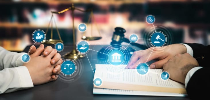 Smart law, legal advice icons and lawyer working tools in the lawyers office showing concept of digital law and online technology of savvy law and regulations .