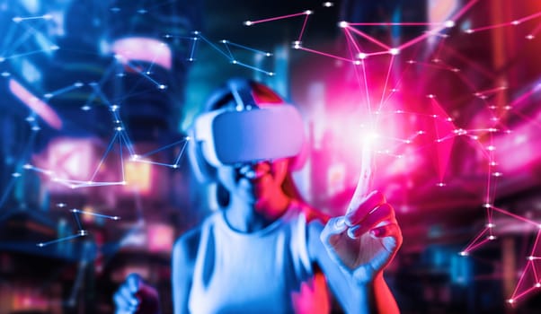 Blur of smart female stand in cyberpunk style building in meta wear VR headset connecting metaverse, future cyberspace community technology, Woman use index finger touch virtual object. Hallucination.