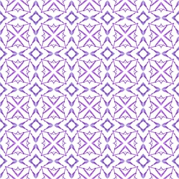 Textile ready ecstatic print, swimwear fabric, wallpaper, wrapping. Purple lively boho chic summer design. Ikat repeating swimwear design. Watercolor ikat repeating tile border.