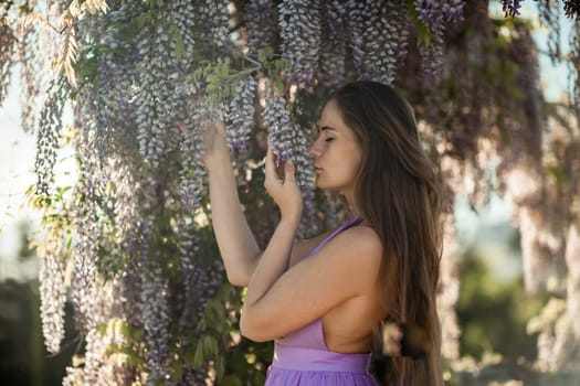 Woman wisteria lilac dress. Thoughtful happy mature woman in purple dress surrounded by chinese wisteria.