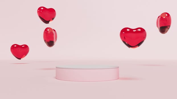 Empty podium red glass hearts branding product presentation on Valentine's day Mock up scene 3d render