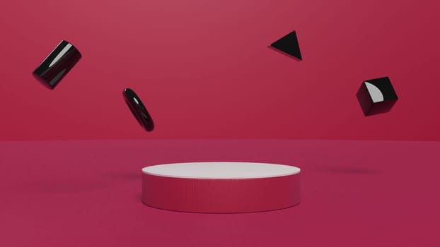 Red studio floor and wall and round stage intro 3d render