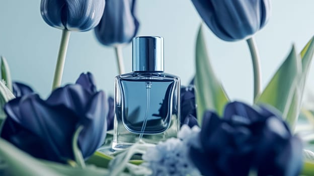 Perfume bottle in flowers, fragrance on blooming background, floral scent and cosmetic product idea