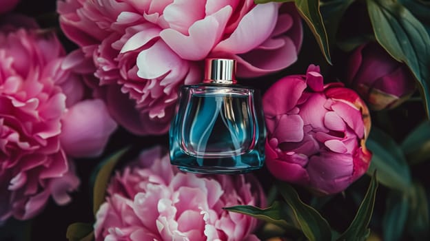 Perfume bottle in flowers, fragrance on blooming background, floral scent and cosmetic product idea