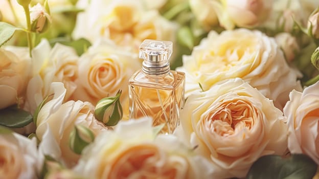 Perfume bottle in flowers, fragrance on blooming background, floral scent and cosmetic product idea