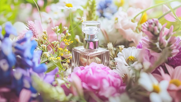 Perfume bottle in flowers, fragrance on blooming background, floral scent and cosmetic product idea